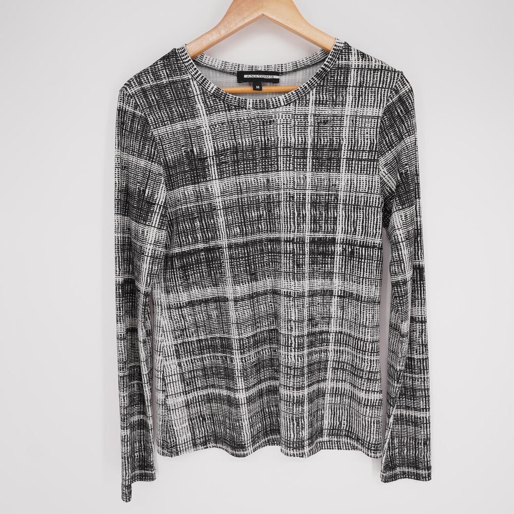 ANATOMIE Shirt Womens M Black Crew Neck Long Sleeve Check Stretch Jersey